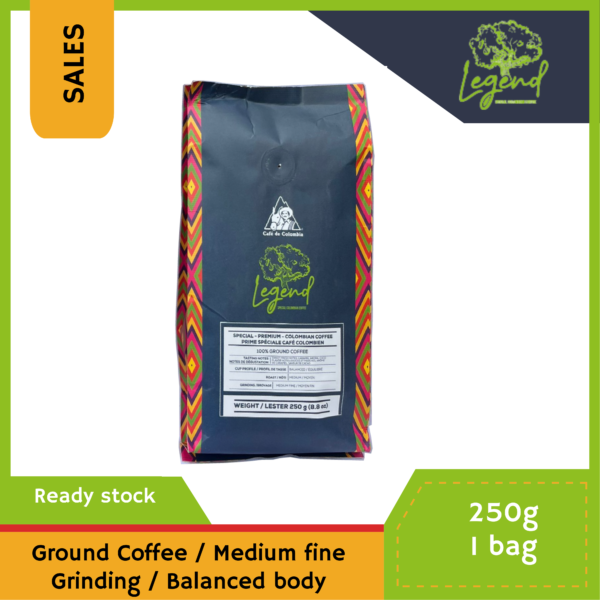 Legend: <br><b>Colombian Coffee</b> from Huila <br> 250g (8.8 oz) | Ground