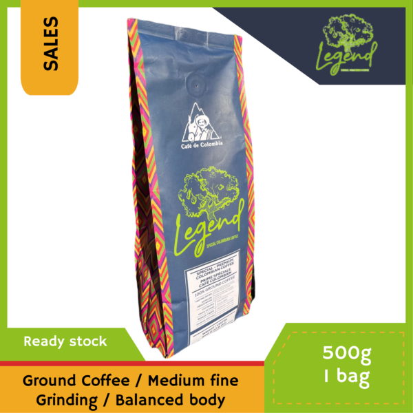 Legend: <br><b>Colombian Coffee</b> from Huila <br> 500g (17.6 oz) | Ground